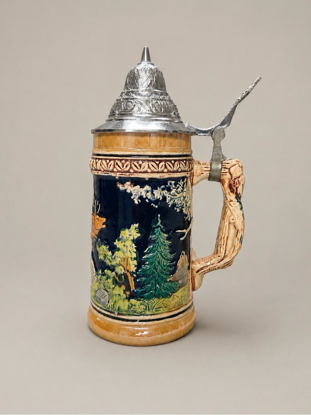 Vintage German Beer Stein Deer Hunting Woodland Relief Ornate Pewter Lid Germany